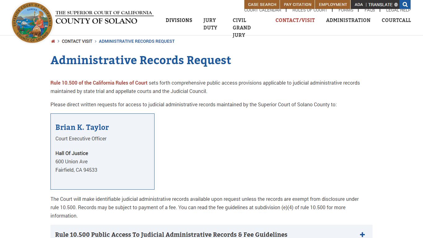 Administrative Records Request - Solano County Superior Court